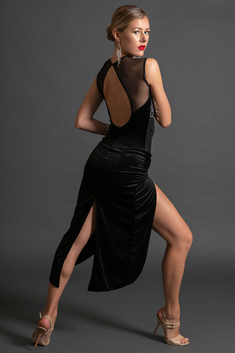 Black Tango Dress With a High Slit. One Shoulder Dance Dress. One Sleeve  Dress 